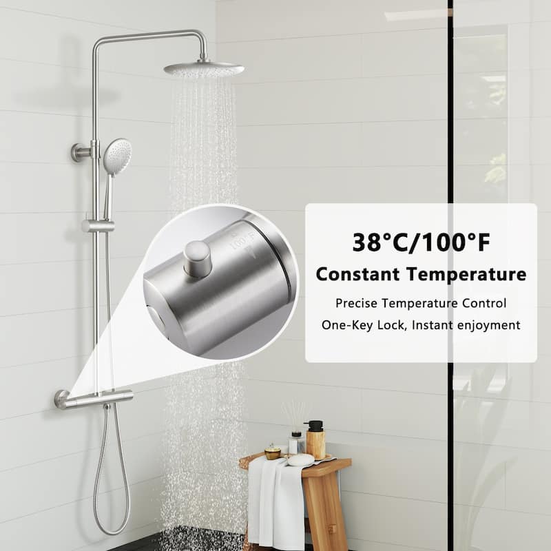 5-Spray Patterns Thermostatic Rain Shower Faucet Wall Mount Dual Shower Heads and Handheld Shower Head - 9.5" x 9.5"