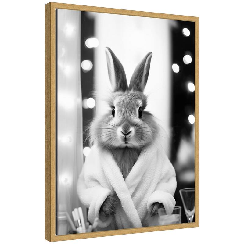 Kate and Laurel Sylvie Bunny Glam Bathroom Art Towel Robe Black and White Framed Canvas by The Creative Bunch Studio - 18x24 - Yellow