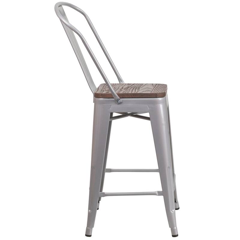 4 Pack 24" High Metal Counter Height Stool with Back and Wood Seat - 17.75"W x 20"D x 39.25"H