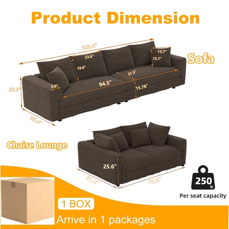 102.4" Corduroy Couch with Ottomans, 4 Seat Convertible Modular Sectional Sofa, Upholstered Couches with Pillows for Living Room