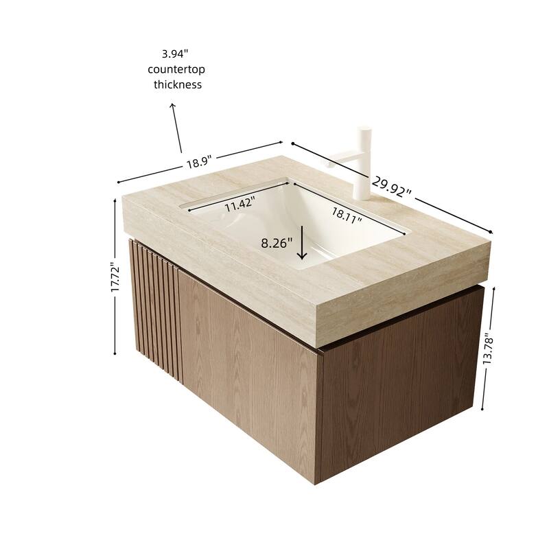 30" Floating Bathroom Vanity with Sintered Stone Top & 1-Hole Ceramic Basin, Pre-assembled Plywood Cabinet
