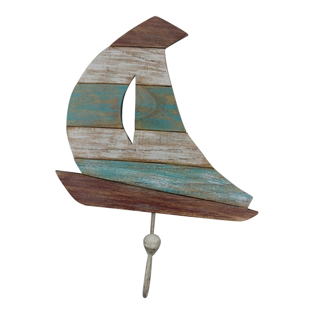 Sailboat Slatted Carved Wood Single Hook Wall Plaque - Multi