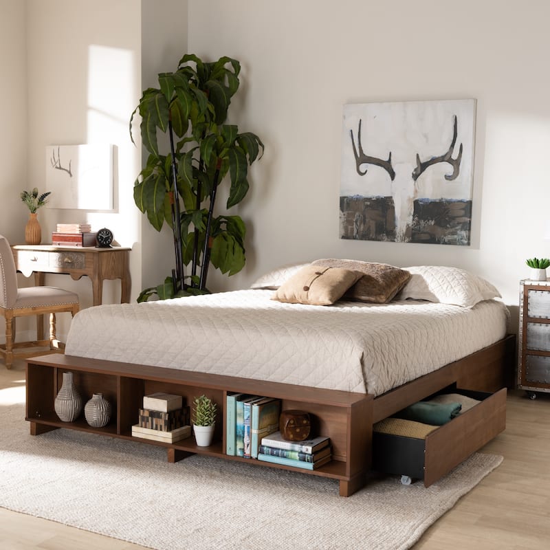 Carbon Loft Dehaney Modern Rustic Ash Walnut Brown Wood Platform Bed with Shelves
