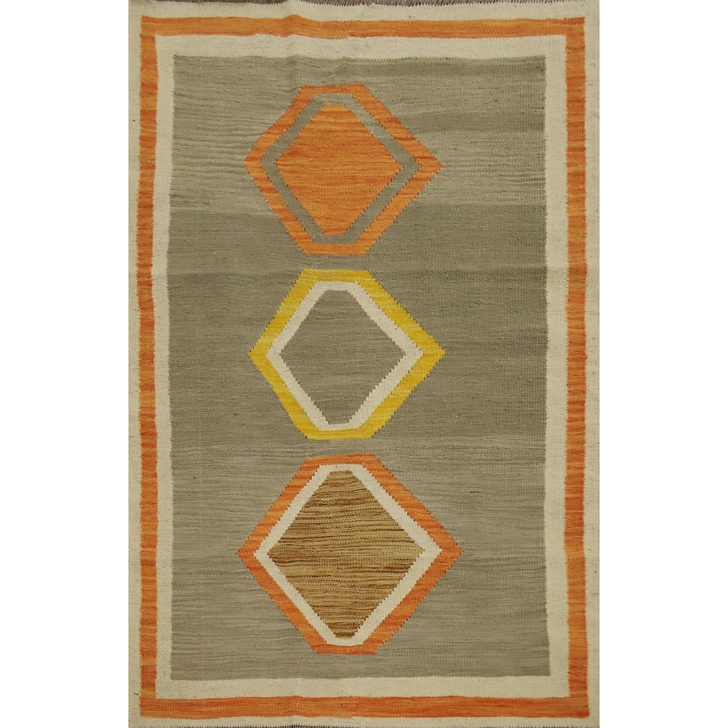 Hand Woven Oriental 100% Wool Carpet Southwestern Modern Green Kilim Area Rug - 4' 9'' X 3' 4''