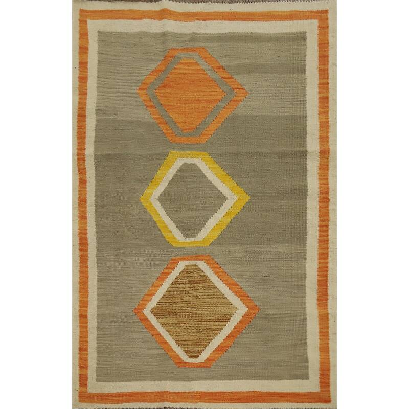 Hand Woven Oriental 100% Wool Carpet Southwestern Modern Green Kilim Area Rug - 4' 9'' X 3' 4''