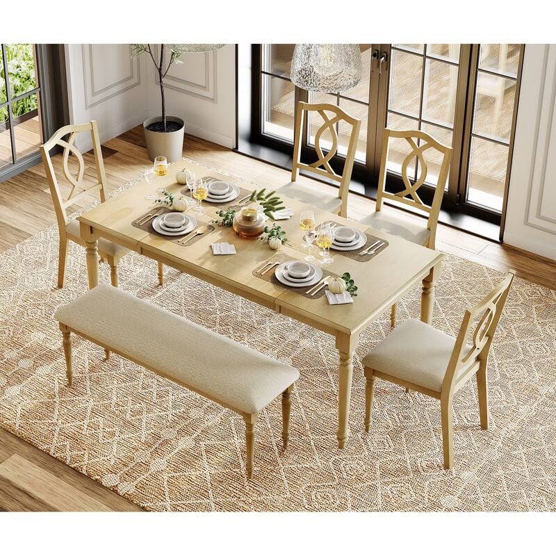 6 Piece Dining Table Set, Table with Bench & 4 Cross-Back Chairs, Oak