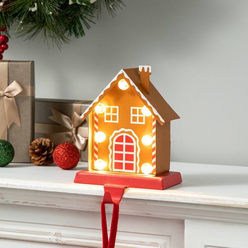 Glitzhome Christmas Marquee LED Star Snowman Tree Gingerbread Stocking Holders Mantel Ornament -  Gingerbread House