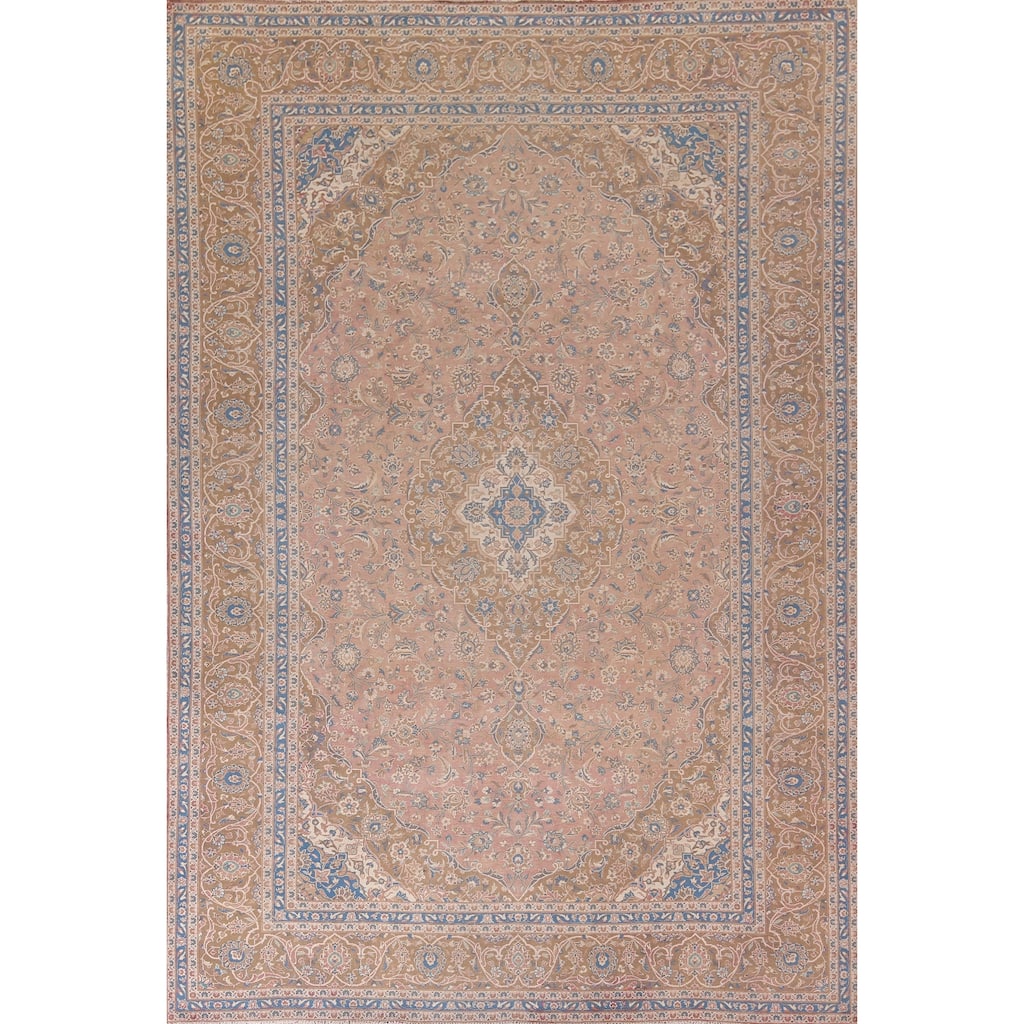 Pink Mashad Persian Vintage Area Rug Hand-Knotted Wool Carpet - 9'7"x 13'4"