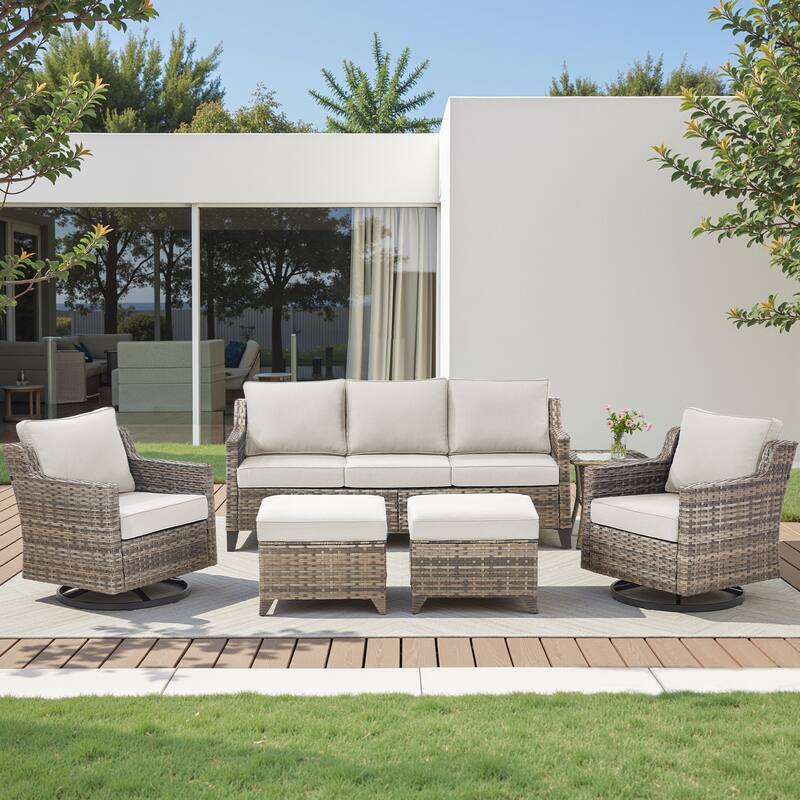 Pocassy Wicker Patio Sofa Glider Swivel Chair Ottoman Furniture Set. - Beige Cushion Gray Wicker - 6-Piece Sofa Swivel Chair Table w/ Ottoman Set