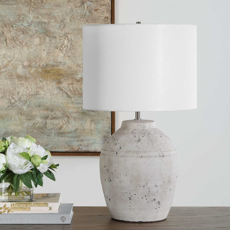 Porch & Den Distressed White Ceramic Nickel Linen Shade Vase Table Lamp