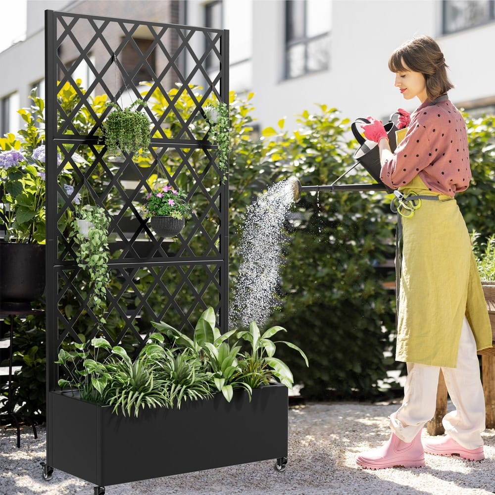 Raised Garden Bed Planter with Trellis Movable Planter Box with Lockable Wheels - 71*35