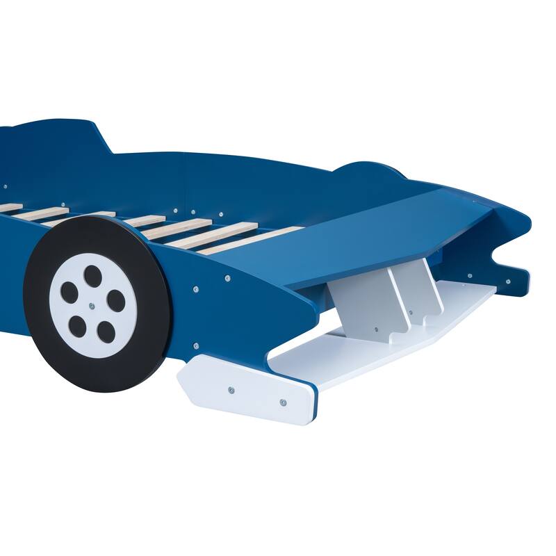 Race Carshaped Toddler Floor Bed Twin Size Grounded Bed with Front Storage Shelves, Wheels and Guardrail, Wooden Platform Bed