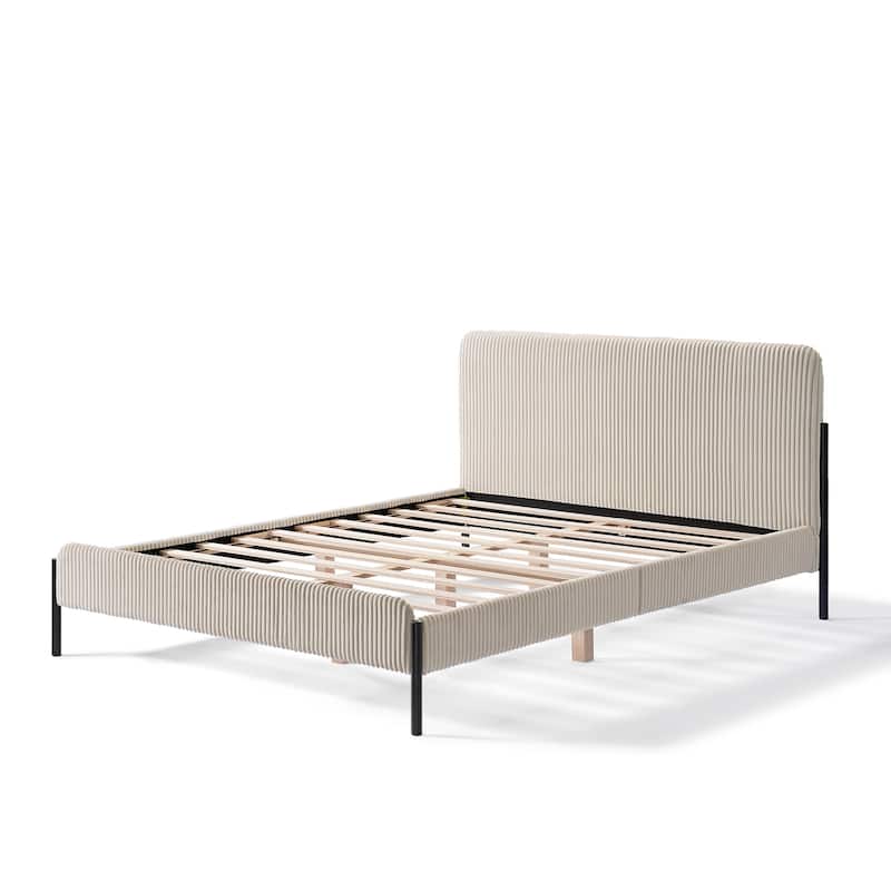Corduroy Upholstered Bed Frame, Rounded Corners Design Queen Platform Bed, Slat Support