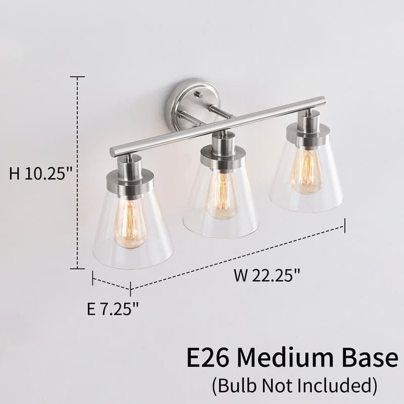 KAWOTI 22.25 inch 3-Light Brushed Nickel Vanity Light with Bell Glass
