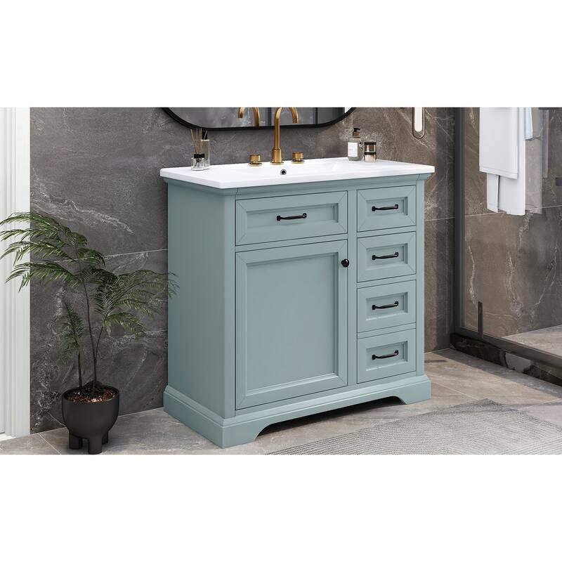 36" Bathroom Vanity With Sink, Ceramic Sink, 2 Tip-Out Drawers, Soft Close Door Hinges