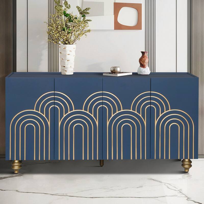 Modern Fluted Sideboard Buffet with Storage - Navy Blue