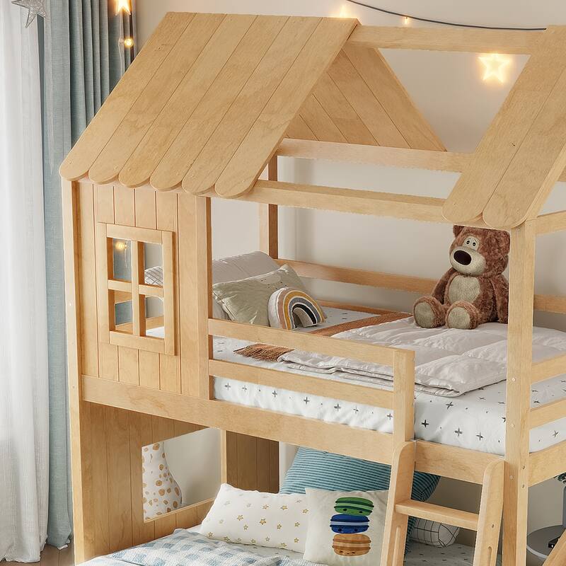 Twin over Full House Bunk Bed with Ladders and Slides, House Floor Bunk Bed with Storage Shelves and Wardrobe