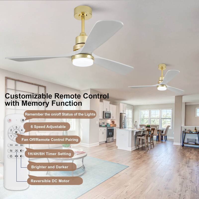 52 Inch Indoor Ceiling Fan With Dimmable LED Light 3 Solid Wood Blades Remote Control Reversible DC Motor