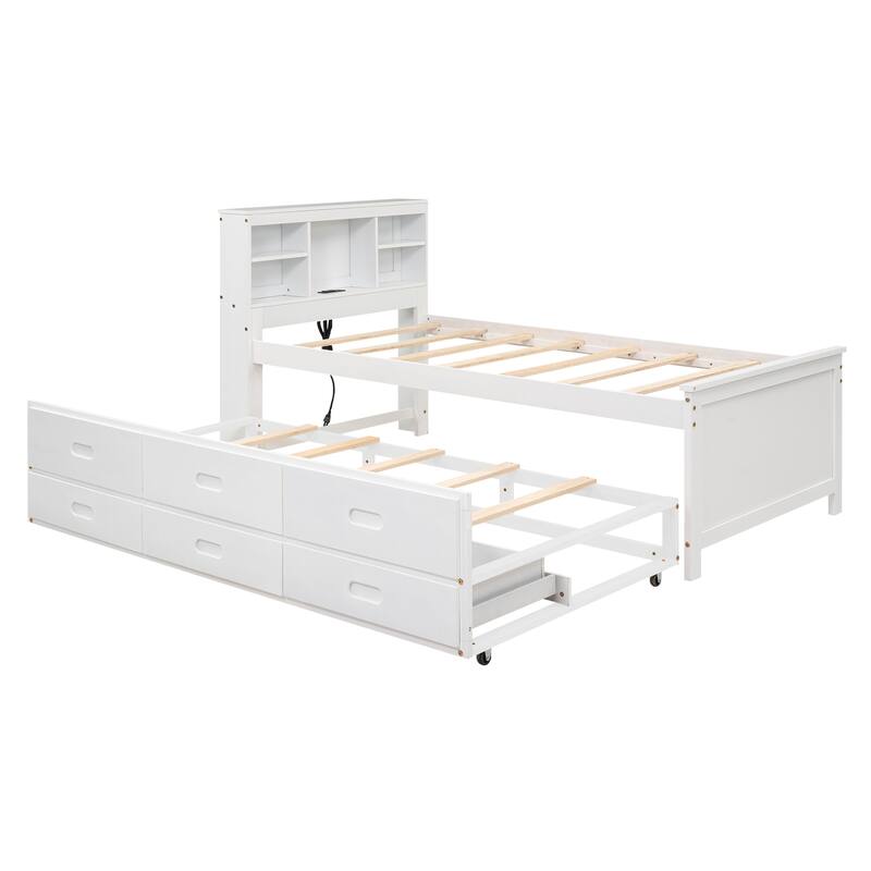 Twin Size Storage Platform Bed with USB, Trundle, and Drawers in White