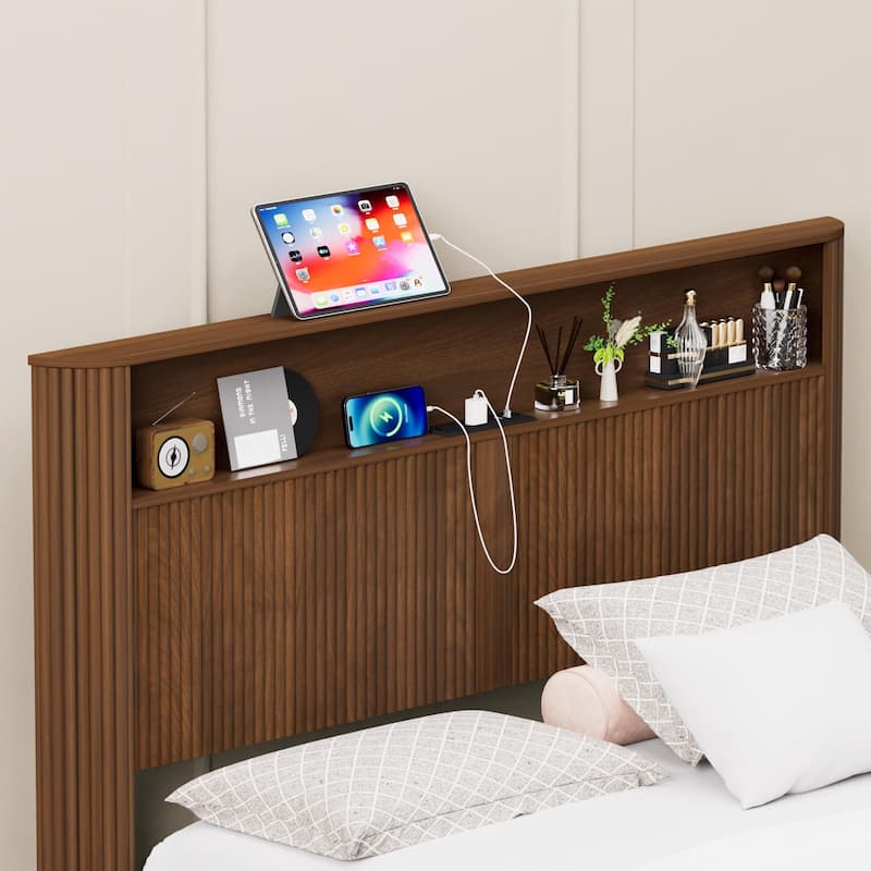 Queen Size Bed Frame With Storage Headboard, Built-In Charging Station, Wavy Curved Lines Design, Silent Operation