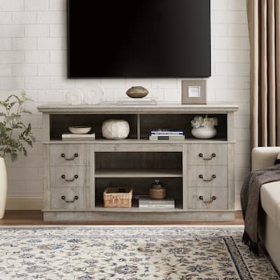 Light Gray Wood Rustic Traditional Farmhouse TV Stand Media Console - 15.75 x 60.00 x 34.25