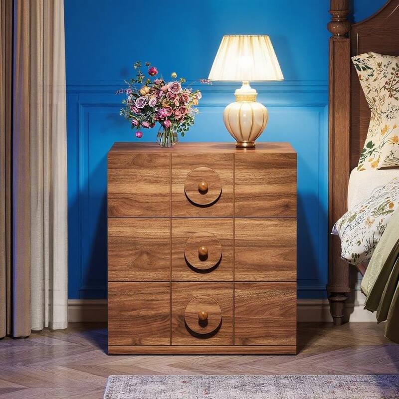 Natural Wood Metal 3-Drawer Nightstand with Checkerboard Design