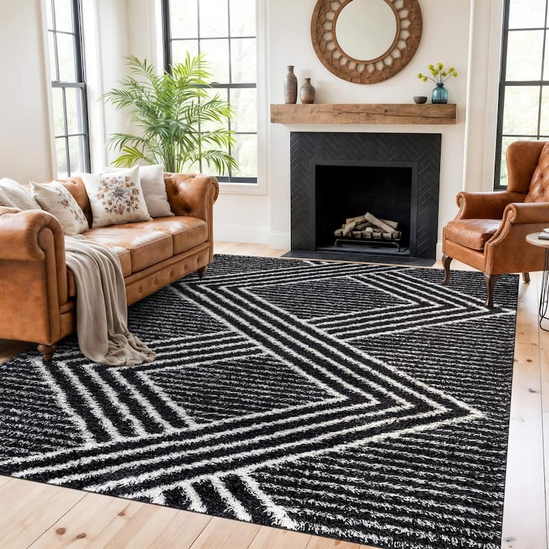 Abstract Geometric Shag Rug - Anthracite Dark Gray - Medium Pile Rug - Kid & Pet Friendly - 7' 10" x 10'