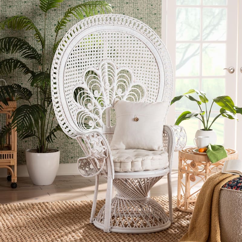 Ediva Modern Bohemian White Natural Rattan Peacock Accent Chair