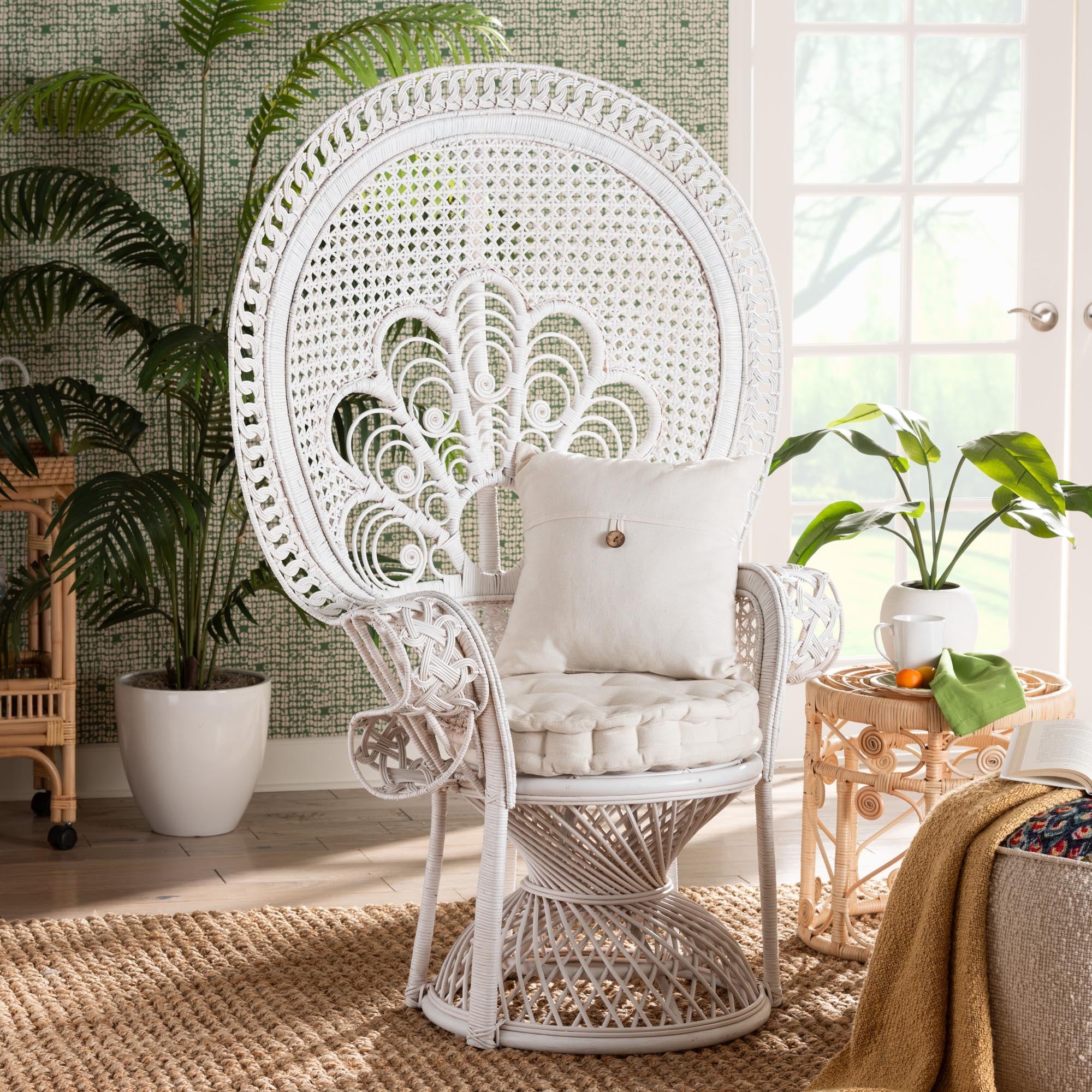 Ediva Modern Bohemian White Natural Rattan Peacock Accent Chair