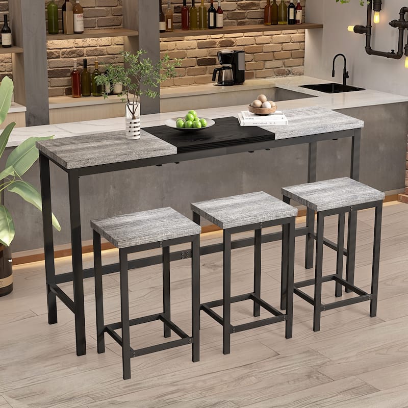 Modern Design Kitchen Dining Table, Pub Table, Long Dining Table Set with 3 Stools, Convenient Hanging Stool Design