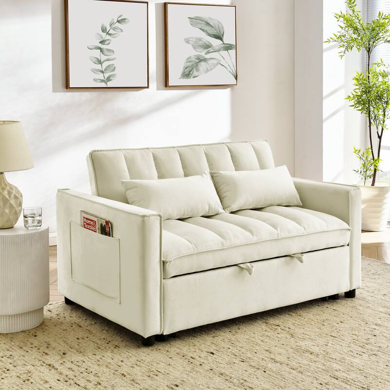 Velvet 3 in 1 Pull Out Loveseat Sofa Convertible Sleeper Love Seat Bed Adjustable Backrest Tufted Couch with 2 Pillow & Pockets