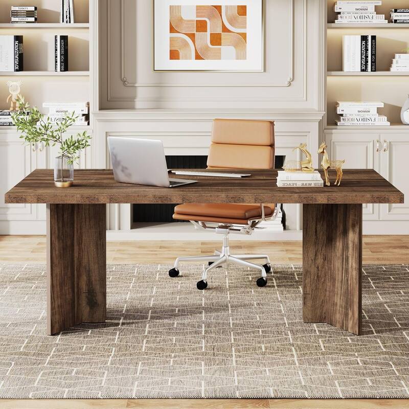 63" Farmhouse Executive Desk - Vintage Wood Computer Workstation with Thickened Tabletop, Large Writing & Conference Table