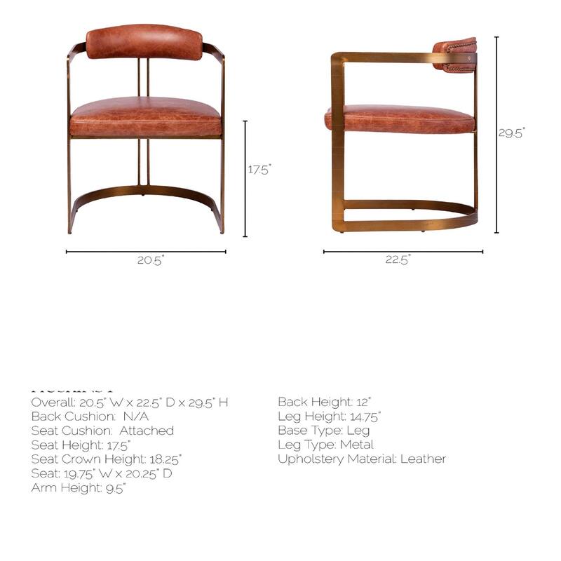 Modern Brown Leather Dining Arm Chair with Gold Metal Legs and Open Back Comfortable Seating - 29.5”H x 22.5”W x 20”D