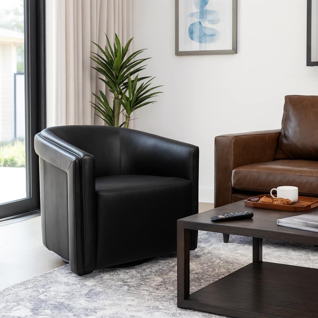 Leather Armchair Modern Swivel Upholstered Accent - 30" Black - 31.25"