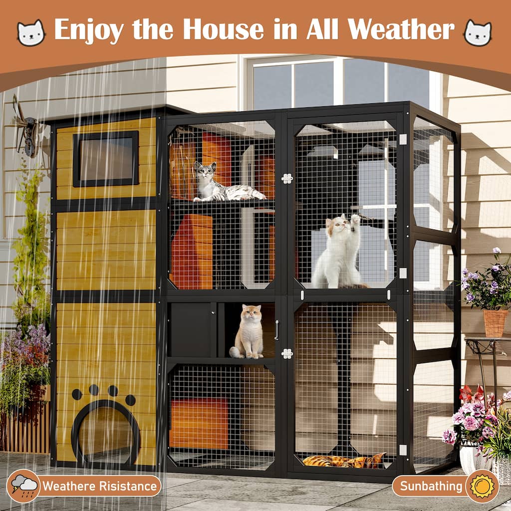 Catio Outdoor Cat Enclosure with Window Access, Outdoor Insulated Cat House for Multiple Cats, Cat Patio with Platforms