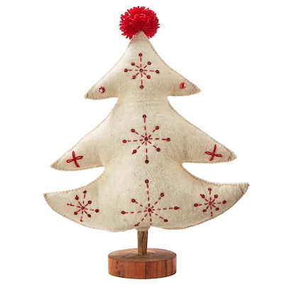 Embroidered Wool Ivory Christmas Tree Decorations for Tabletop or Mantel Small 14 inch