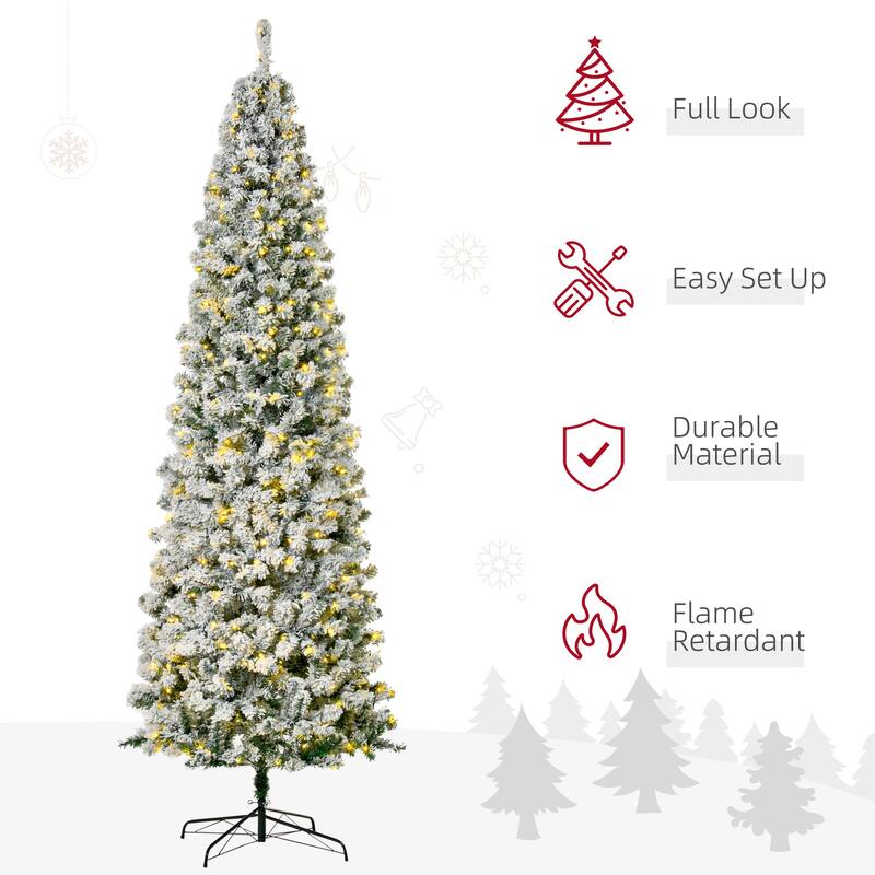 HOMCOM 6FT/7FT/9FT Slim Flocked Christmas Tree with Lights, Skinny Christmas Tree with Stand