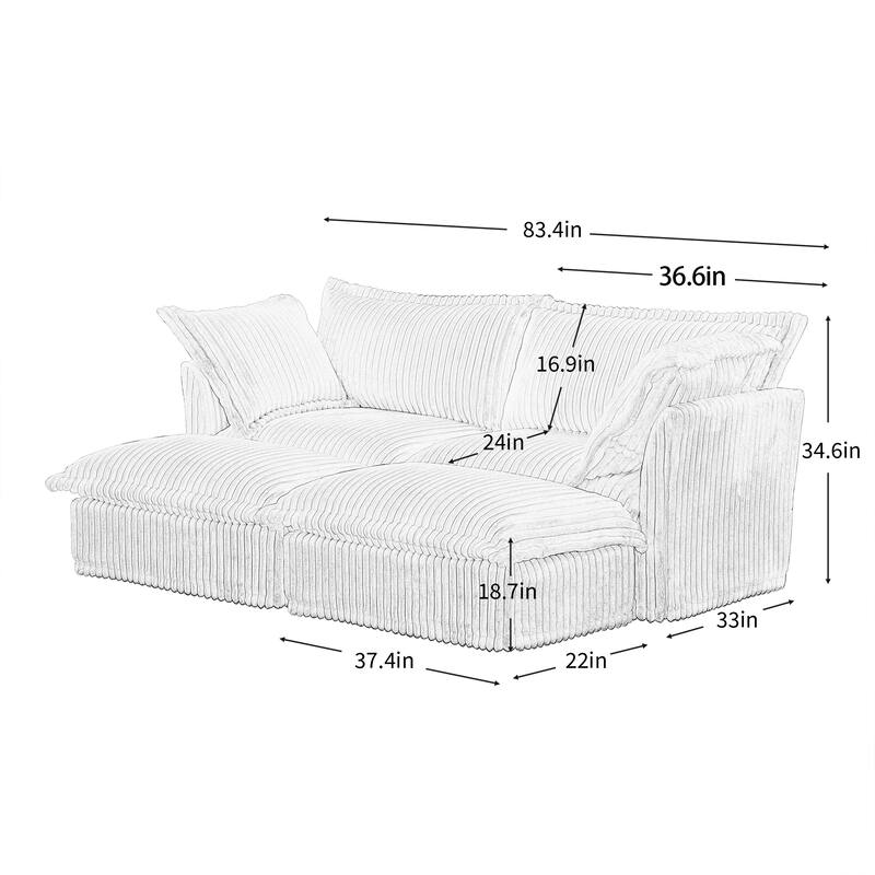 Modular Sectional Sofa Modern Convertible Loveseat Couch, 83.4 Inch 2-Seater Sofas Corduroy Sofas Set with Movable Ottoman