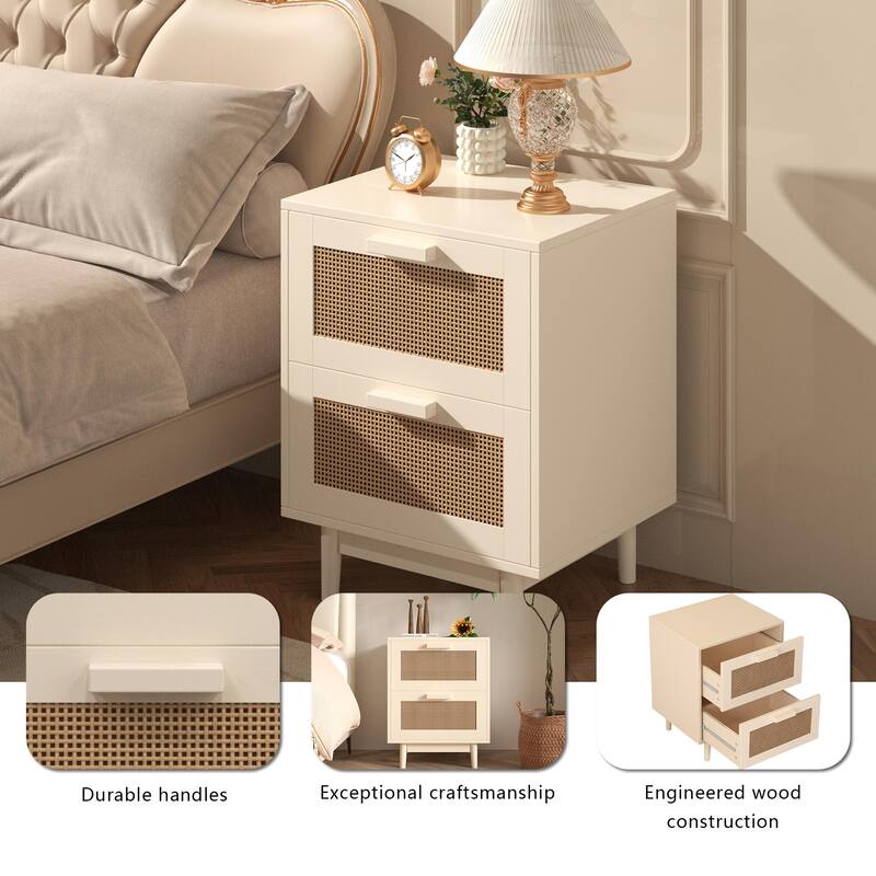 Anmytek Rattan Nightstand Two Drawer Bedside Table,Wood Accent Table with Storage for Livingroom
