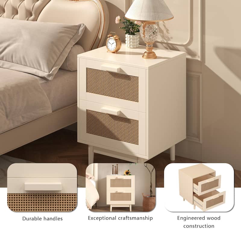 Rattan Nightstand, Wood End Table, Side Table with 2 Faux Rattan-Decorated Drawers for Living Room, Bedroom