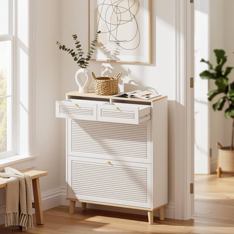 Homy Casa Compact Shoe Storage Bench 2 Flip Doors 2 Drawers, White