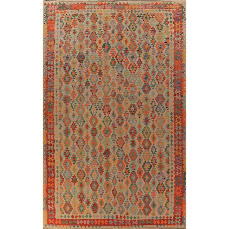 Geometric Kilim Oriental Large Rug Flatweave Wool Carpet - 10'2"x 16'10"