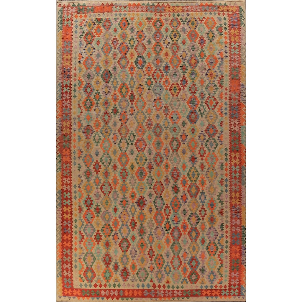 Geometric Kilim Oriental Large Rug Flatweave Wool Carpet - 10'2"x 16'10"