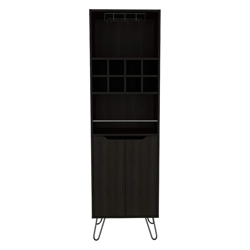 FM Furniture Sheffield H Bar Cabinet with Glass Rack, Open Shelf, Double Cabinet, 8 Bottle Cubbies, and Hairpin Legs