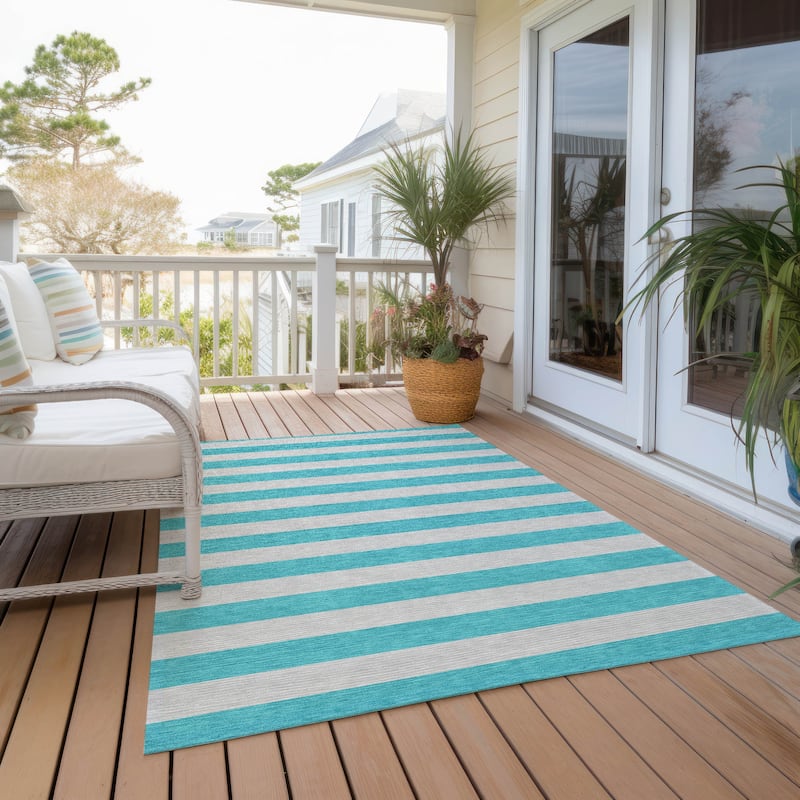 Machine Washable Indoor/ Outdoor Cabana Stripe Chantille Rug - Turquoise - 5' x 7'6"