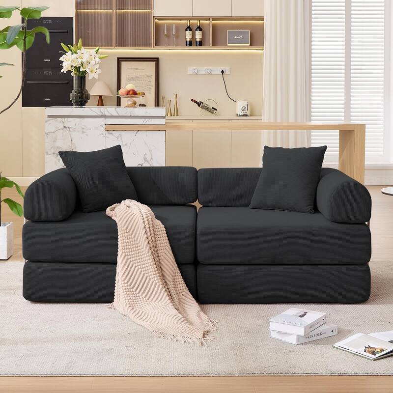 Modular Couch Sofa Bed, Convertible Design with Removable Armrests,Folding Mattress Couch for Small Spaces ,No Assembly - Black