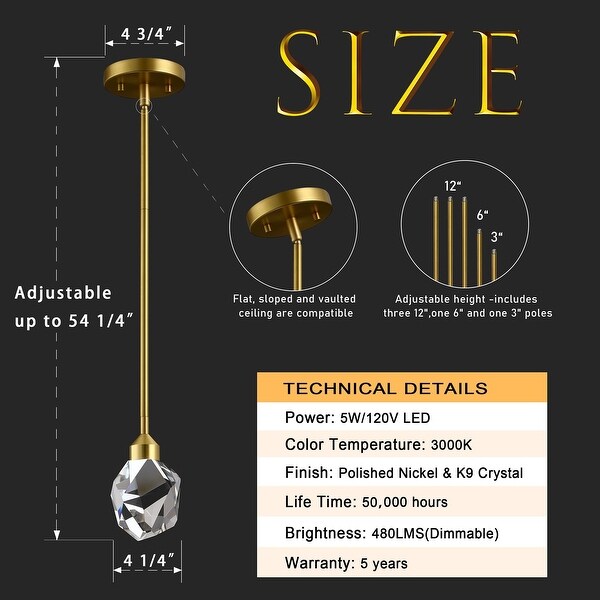 YANSUN 1-Light Pendant Light with Diamond Crystal Shade