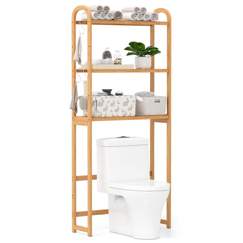 3-Tier Bamboo Bathroom Floor Organizer with 5-Position Shelves and 3 Hooks-Natural - Multi