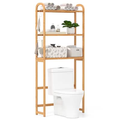 3-Tier Bamboo Bathroom Floor Organizer with 5-Position Shelves and 3 Hooks-Natural - Multi