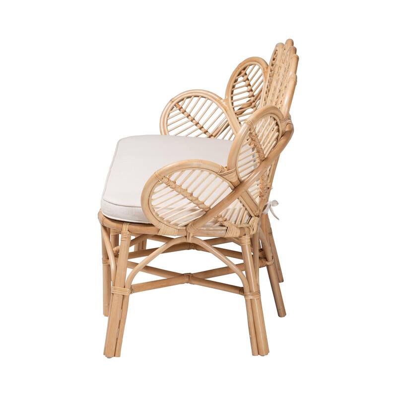 Eliava Natural Rattan Accent Bench with Cushion - Coastal Boho Loveseat with Scalloped Fan Back for Living Room or Sunroom